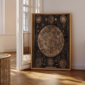 May include: A rectangular framed wall art piece featuring a dark, vintage-style celestial map. The print displays a large central circular star chart surrounded by smaller circular astronomical diagrams, all rendered in muted sepia and black tones.
