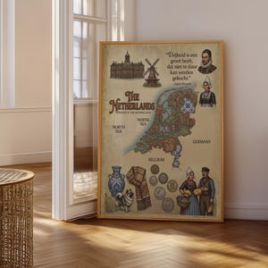May include: A framed print of a map of the Netherlands, featuring illustrations of a windmill, historical figures, and a quote in Dutch. The map is in shades of brown, green, and blue, with the text "The Netherlands" prominently displayed.