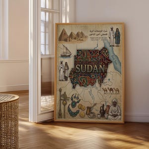 May include: A framed vintage-style map of Sudan, featuring illustrations of pyramids, people, camels, and traditional objects. The map includes the text "SUDAN" and Arabic script, with a decorative border and a light brown background.