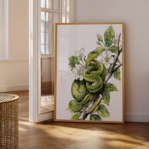 Op de afbeelding: Een ingelijste kunstdruk met een gedetailleerde aquarelillustratie van een levendige groene slang die om een boomtak is gekruld. De tak is versierd met delicate witte bloesems en groene bladeren tegen een heldere witte achtergrond.