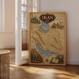 May include: A framed map of Iran with detailed geographical features, including the Caspian Sea and Persian Gulf. The map is in a vintage style with illustrations of landmarks and text in English and Farsi. The frame is a light brown color.