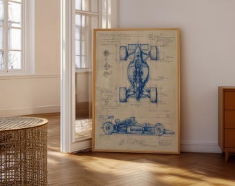 Vintage Formula One Blueprint Art Print, Racing Car Mechanical Drawing Poster
