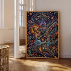 Puede incluir: Una impresión artística enmarcada con una vibrante ilustración psicodélica. La obra presenta un baterista en un entorno cósmico con planetas, estrellas y el texto "COSMIC DOWNBEAT ELEVATE THE UNIVERSE". La paleta de colores incluye azules, morados, naranjas y amarillos.