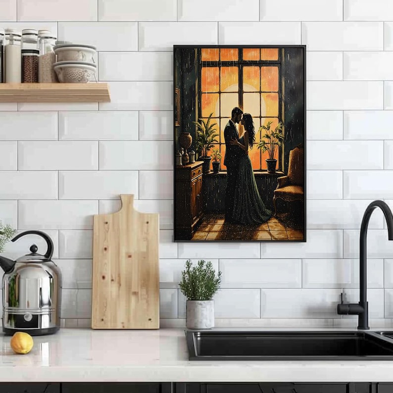 Romantic Impressionist Couple Wall Art, Sunset Embrace, Warm Tones ...