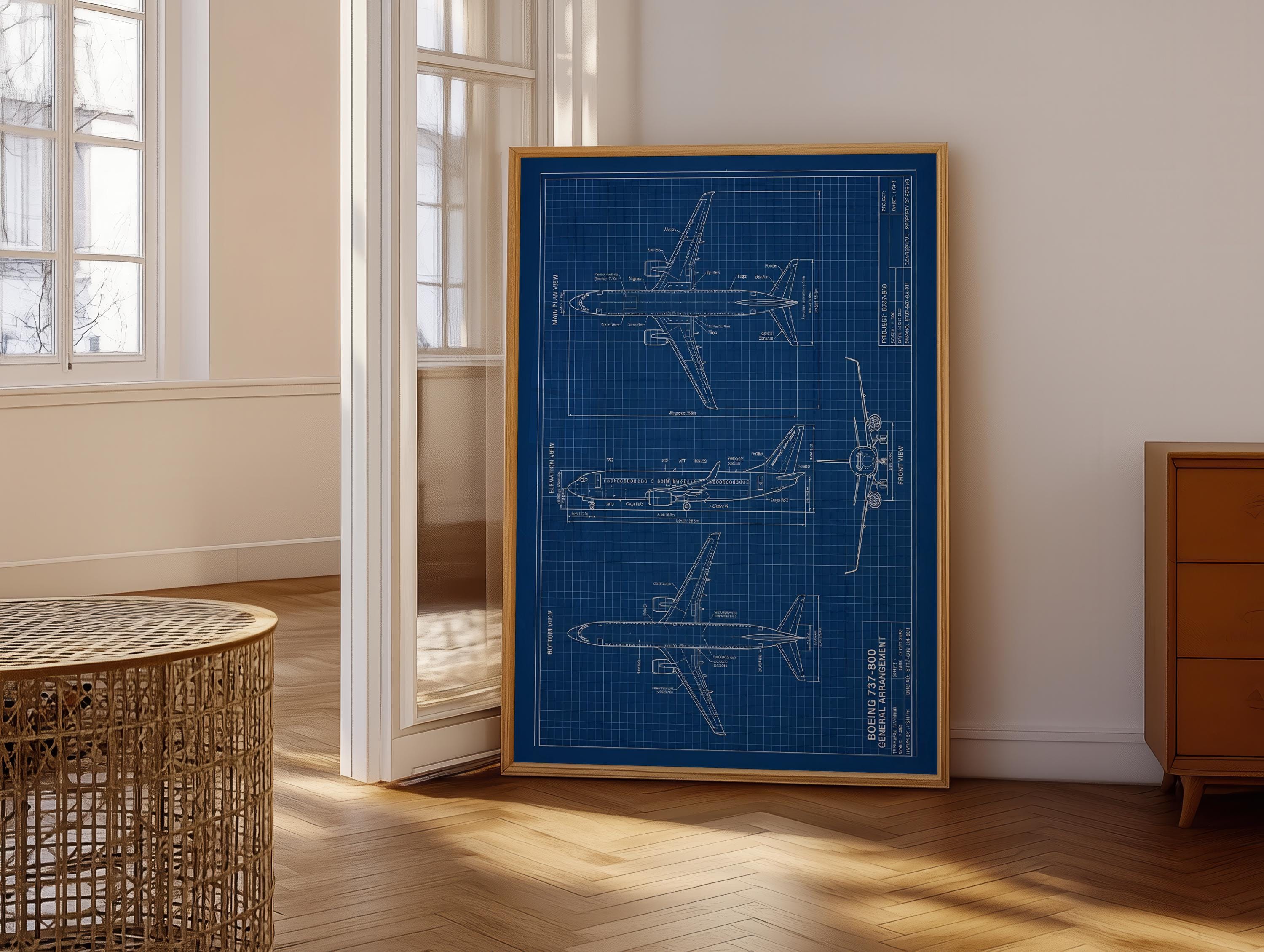 Boeing 737-800 Aircraft Blueprint Design - Technical Aviation Wall Art ...
