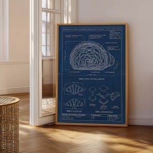 May include: A framed poster with a blueprint design, showcasing a detailed diagram of a croissant. The poster, in a wooden frame, has a blue background with white lines and text, illustrating the internal structure and lamination process of a croissant. The poster is displayed in a room.