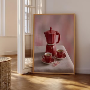 Elegant Red Moka Pot Espresso Print - Luxe Italian Coffee Kitchen Wall Art Print