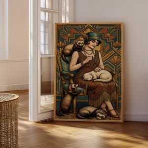 Art Deco Elegance with Ferrets - Vintage Style Wall Art - Woman in Flapper Dress with Playful Ferrets, Geometric Background Design