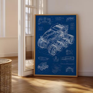 May include: A rectangular framed wall art print featuring a technical blueprint of a six-wheeled rover vehicle. The design is rendered in white line art against a deep blue background, displaying multiple orthographic views and mechanical details.