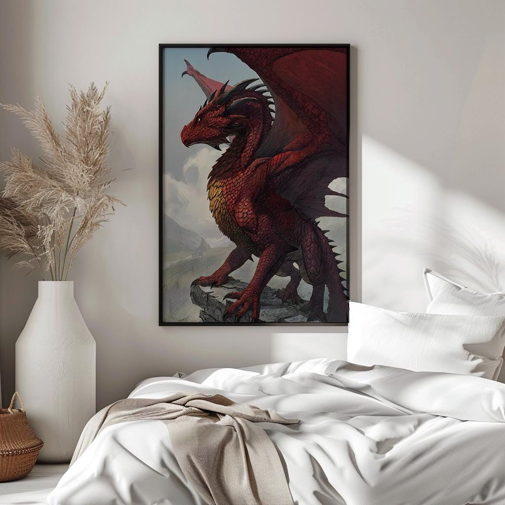 Majestic Red Dragon Fantasy Art Print, Mythical Creature Wall Decor - Etsy