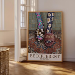 Arte ecléctico en calzado, póster de calcetines con estampados originales, arte vibrante para la pared del dormitorio, decoración divertida para el hogar.