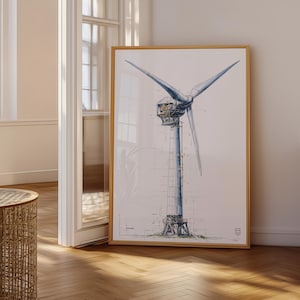 Puede incluir: Una impresión enmarcada de un aerogenerador, en tonos azules y grises. La obra de arte representa la estructura y las aspas de la turbina, sobre un fondo blanco. El marco es de madera clara, expuesto en una habitación con luz natural.