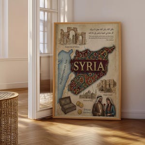 May include: A framed print featuring a map of Syria with decorative patterns and the word "SYRIA" in large letters. The print includes illustrations of historical sites, text in Arabic, and images of people in traditional attire. The Mediterranean Sea is also shown.