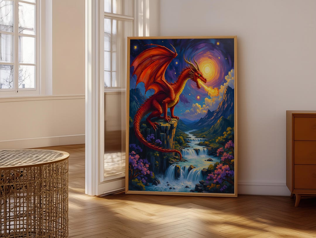 Majestic Red Dragon Fire Breathing Waterfall Fantasy Landscape Wall Art ...