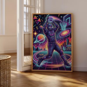 May include: A framed art print featuring a basketball player in a futuristic, neon-lit setting. The artwork showcases a player mid-dunk, with a cosmic background of planets, galaxies, and a cityscape. The color palette includes vibrant blues, purples, and pinks.