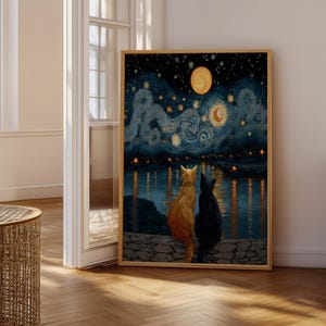 Starry Night Cats Van Gogh Print - Orange Black Cat Lovers Wall Art Print