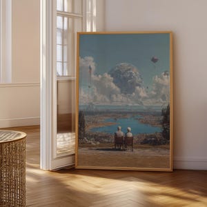 Elderly Couple Futuristic Landscape Print, Retrofuturist Wall Art, Sci Fi Lovers Decor