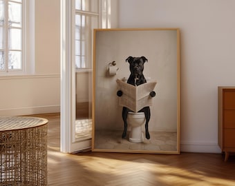 Toiletkunst Staffordshire Terrier | Humoristische zwart-witte badkamerposterafdruk