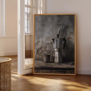 Vintage Coffee Pot Mug Art Print, Rustic Industrial Kitchen Decor, Giclee Cafe Ambiance