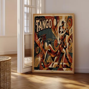 Puede incluir: Un póster enmarcado de estilo vintage con la palabra «TANGO». La obra de arte representa a una pareja bailando tango, con una vibrante paleta de colores rojo, naranja y verde azulado. El póster está en un marco de madera.