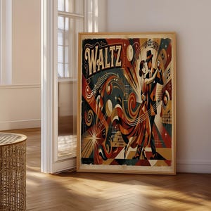 Decoración de pared con escena de baile retro: elegante pareja bailando un vals en un vibrante estilo abstracto. Notas musicales dinámicas y patrones en espiral. Estética.