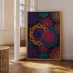 Peut inclure: Une impression d'art mural rectangulaire dans un cadre en bois fin présentant un fond sombre recouvert de motifs de mandalas vibrants et multicolores. Les designs incluent des formes géométriques complexes, des pétales floraux et des motifs en étoile dans des tons orange, magenta, bleu sarcelle et violet.