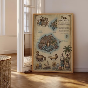 May include: A framed vintage-style map of Fiji, featuring illustrations of local culture and landmarks. The map includes text in English and Spanish, with a wooden frame. The artwork is displayed in a well-lit room with a wooden floor.