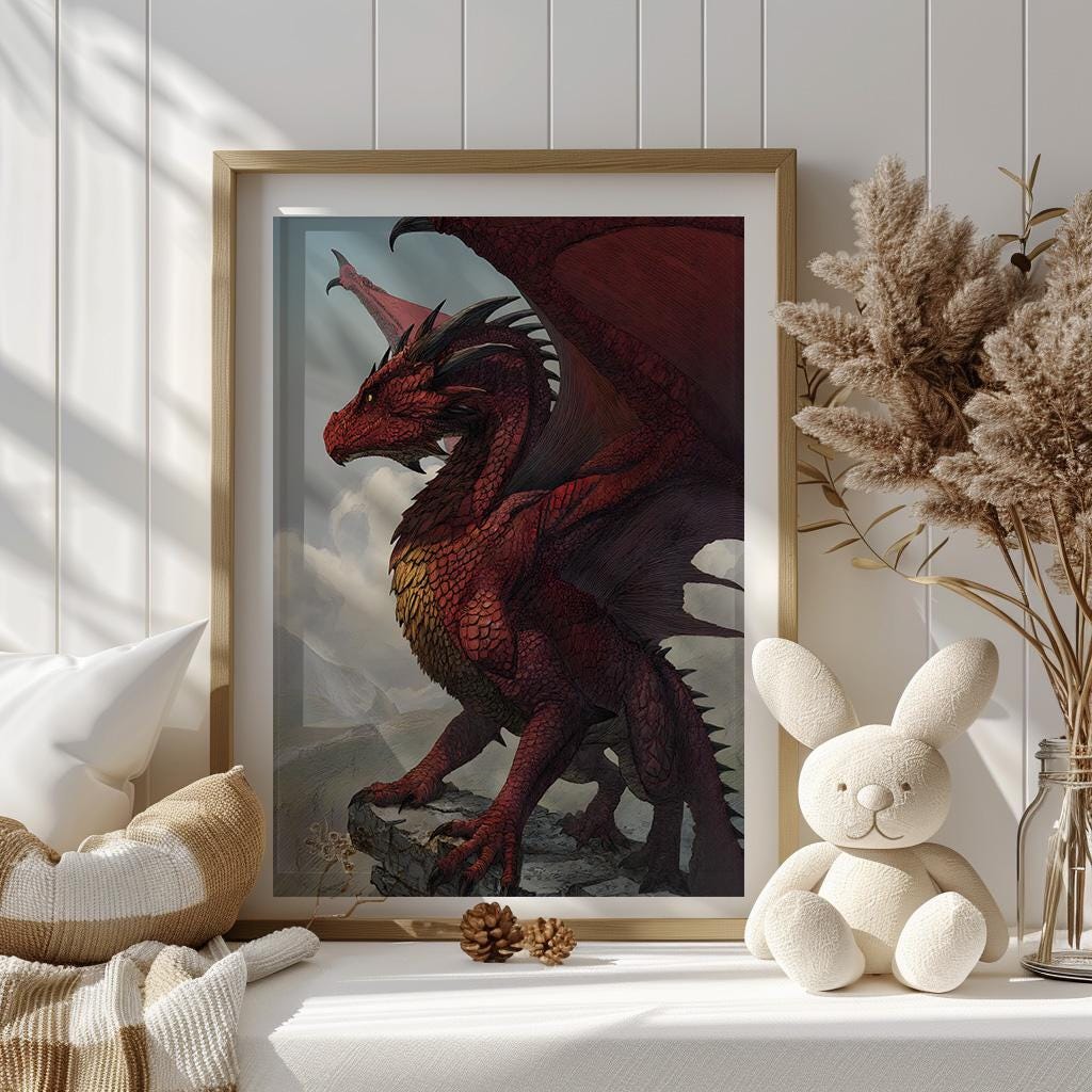 Majestic Red Dragon Fantasy Art Print, Mythical Creature Wall Decor - Etsy
