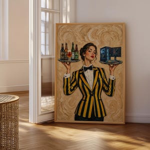 Puede incluir: Una impresión de arte mural enmarcada que representa a una persona con un blazer de rayas amarillas y negras y una pajarita negra. La persona sostiene dos bandejas plateadas, una con cuatro botellas de vidrio y un vaso de cerveza, y otra con un ordenador.