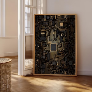 May include: A rectangular wall art piece featuring a detailed, high-contrast graphic print of a complex electronic circuit board. The design showcases intricate gold and black pathways, various microchips, and metallic components on a dark background.