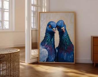 Portrait de pigeons bleus vifs - oeuvre d'art colorée d'oiseaux - illustration expressive de paire d'oiseaux - oeuvre d'art murale captivante pour les amoureux de la nature