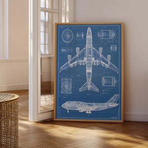 Puede incluir: Un plano enmarcado de un avión, con dibujos técnicos detallados en blanco sobre un fondo azul. El marco de madera rodea la obra de arte, mostrando vistas superior y lateral del avión. La imagen se muestra en interiores.