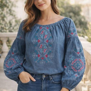 Blue Ukrainian Vyshyvanka for Women, Embroidered Cotton Blouse, Made in Ukraine, In Stock in Europe, Ready to Ship, uk seller