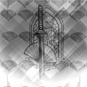 Japanese Katana Sword Tattoo Flash with Fan | Traditional Samurai Tattoo Design | Blackwork Line Art | Digital Download