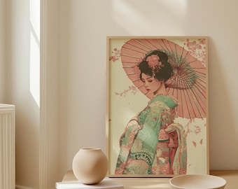 Vintage Pair of Japanese Geisha Figures Dufex Foil Art Prints