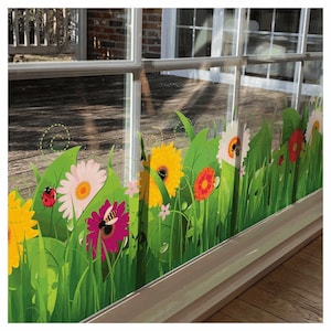 Wild Grass Flower & Insect Window Cling Border Home Decor Decal. 47&quot; Spring Window Sticker Decoration, 100% Reusable, Made in America.