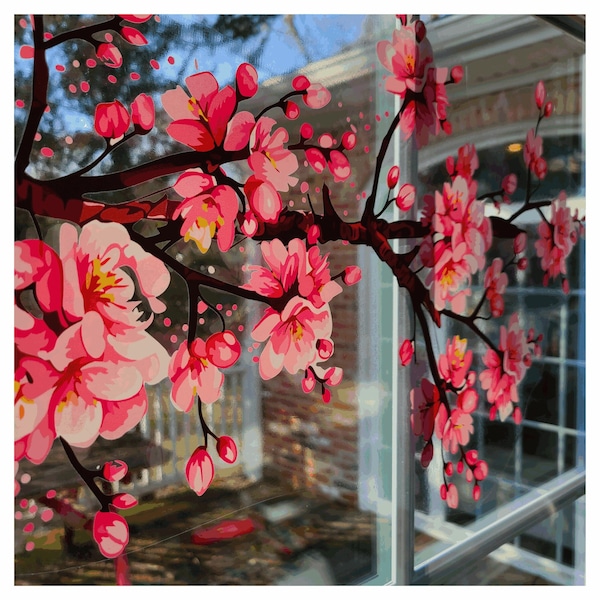 Cherry Blossom Branches Window Cling Decals (set of 2). Beautiful vibrant Spring window reusable home decor decoration (large).