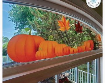 Fall Thanksgiving Pumpkin Border Window Cling Decal. Double Sided, Bright, Colorful Vinyl Thanksgiving Decoration. Made in America.