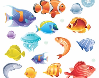 Tropical Fish Window Clings, 15 Sea Creatures, Static Cling Vinyl Decals