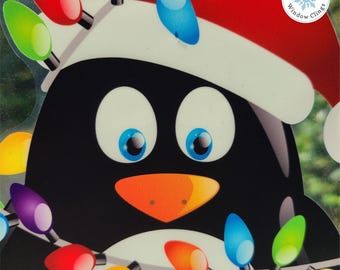 Colorful Christmas Penguin Window Cling Decal. Holiday & Home Decor Glass Decoration. Reusable. No Adhesive. Made in America.