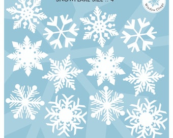 May include: Twelve white snowflake window clings on a light blue background. The snowflakes are 4 inches in size. The text "12 SNOWFLAKE DECAL PACK" and "SNOWFLAKE SIZE :: 4" is at the top of the image. The text "MADE IN AMERICA" is at the bottom of the image. The text "Window Flakes" and "Window Clings" is in a circle at the top right corner of the image.