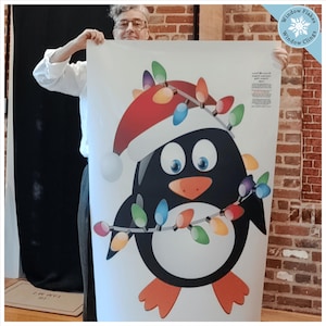 47&quot; / 11&quot; Colorful Christmas Penguin Window Cling Decal. Holiday & Home Decor Glass Decoration. Reusable. No Adhesive. Made in America.