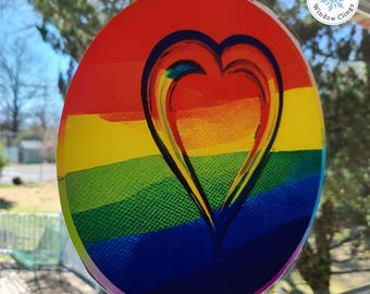 Pride Rainbow Heart Window Cling. Double Sided 11x11 LGBTQ Static Cling Decor. Reusable.