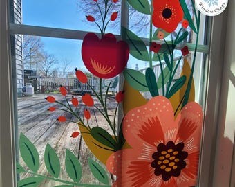 Red Poppy Spring Floral Corner Window Cling. Reusable Static Decal Bird Strike Prevention 20x36