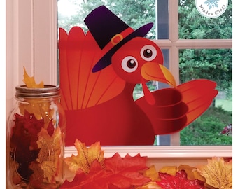 Waving Thanksgiving Turkey Window Cling for Thanksgiving Home Decor. Perfect for Windows, Mirrors, Glass. Reusable. Made in America.