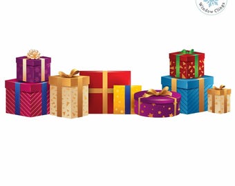 Large Colorful Gift Border Window Cling Christmas Decal Decoration for Glass. Double Sided, Reusable, Made in America.