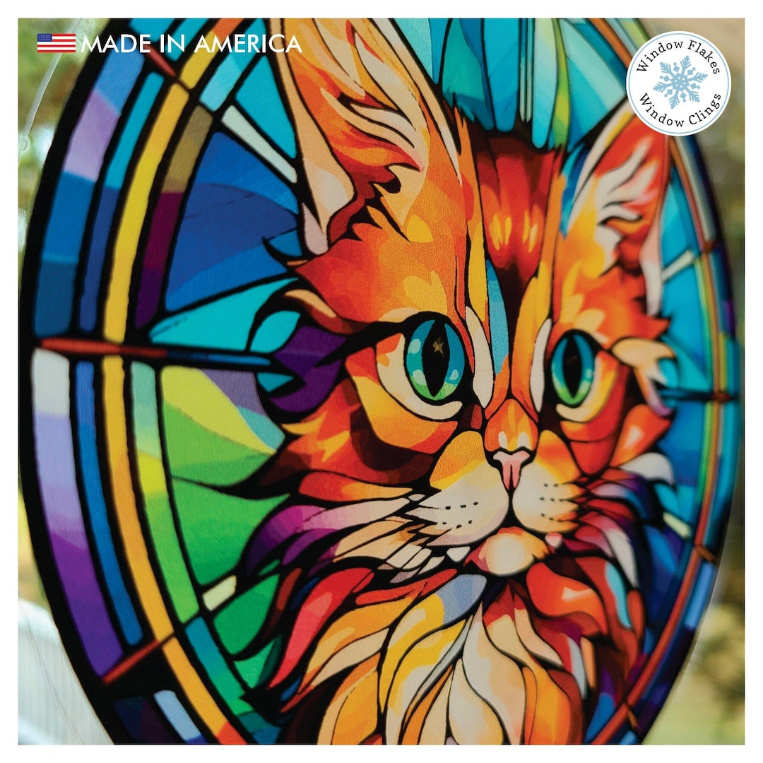 Set of 3 Unique Cat Stain Glass Window Cling Decals, Stained Glass ...