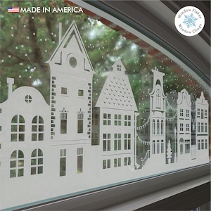 Window Flakes 47-inch Christmas Street Scene Border Window Cling, White Vinyl Holiday Decal Decoration for Windows. Made in America.