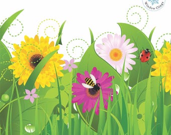 Large Wild Grass & Flowers Window Cling Border Decal, Featuring Lady Bugs and Bees.