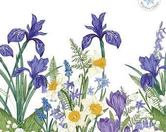 Window Flakes Botanical Spring Flower Window Cling Decal with Crocuses, Ferns, Daffodils & Snowdrops.